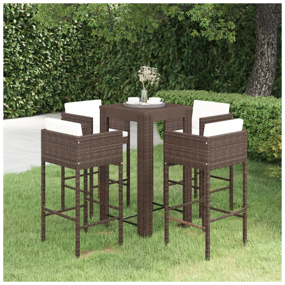 5 Piece Garden Bar Set with Cushions Poly Rattan Brown - anydaydirect