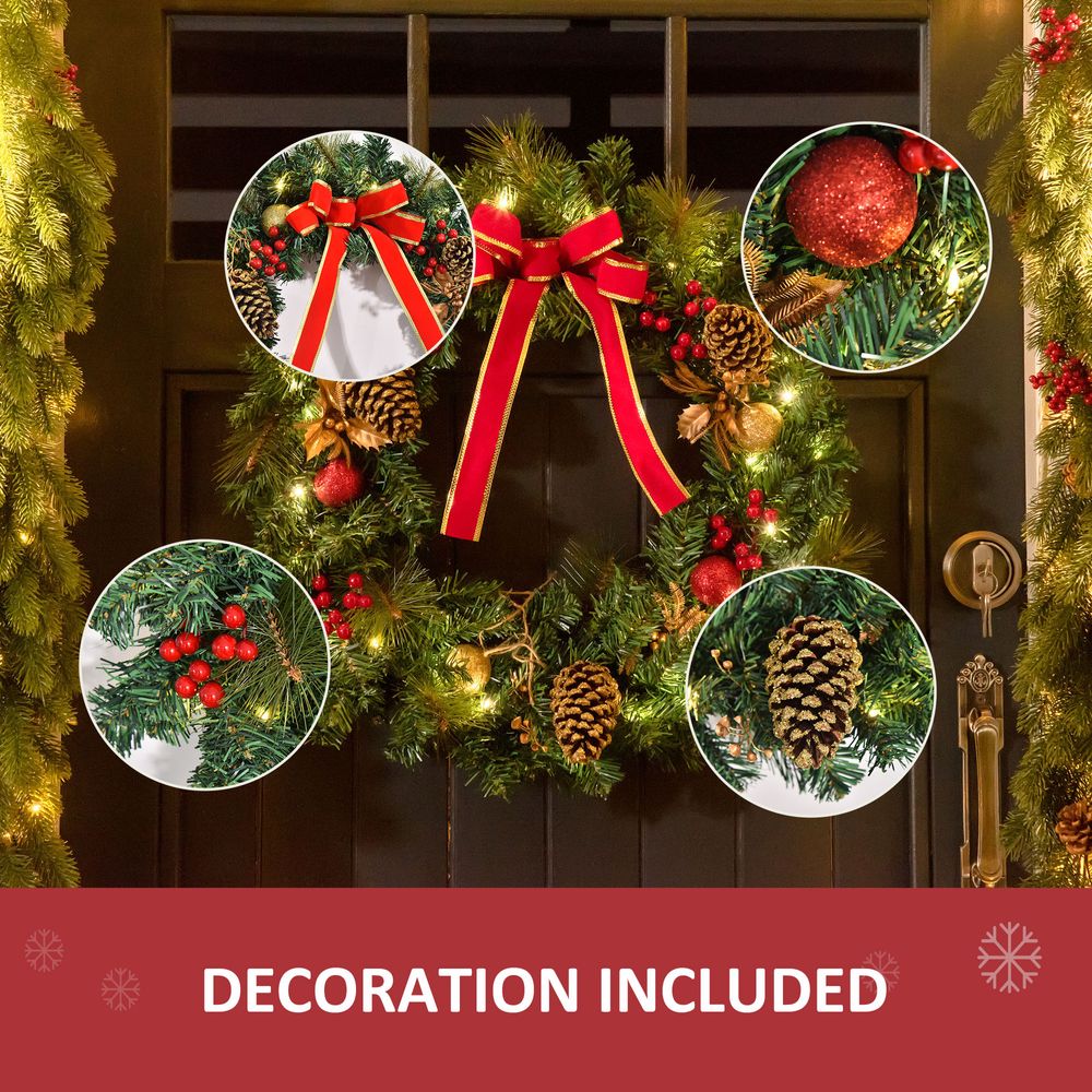 60cm Pre-Lit Artificial Christmas Door Wreath Holly LED Decor Pine Cones Hangin - anydaydirect