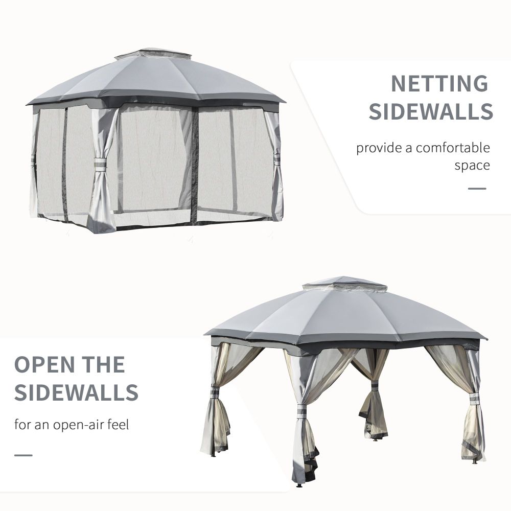 4x3m Metal Gazebo Canopy & Netting Sidewalls & Double Tiered Roof, Grey - anydaydirect