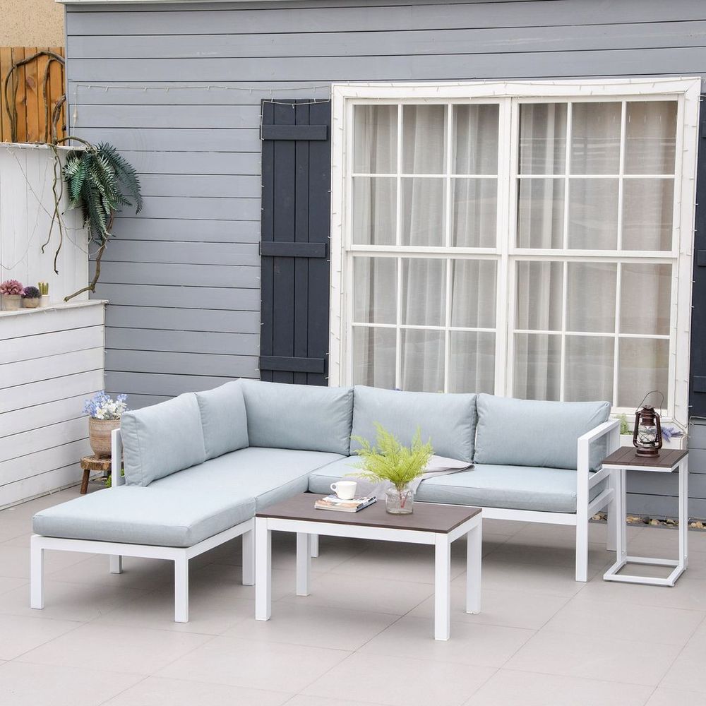 5-Piece Corner Garden Furniture Set w/ 2 Tables, White Aluminium Frame - anydaydirect