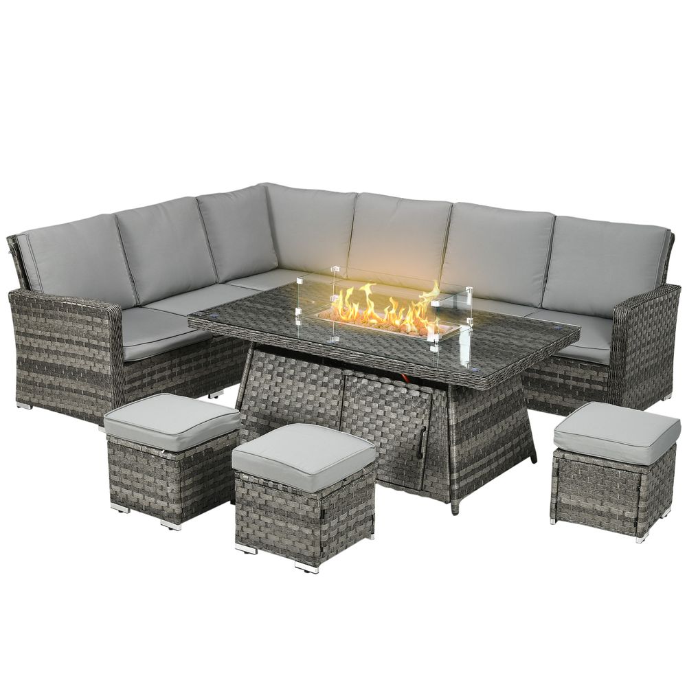 Outsunny 7 Pieces Rattan Garden Furniture Set w/ 50,000 BTU Gas Fire Pit Table - anydaydirect