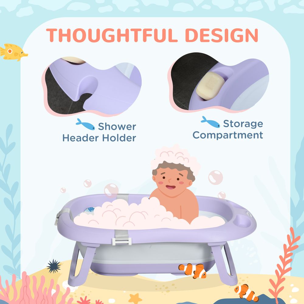 Foldable Baby Bathtub w/ Non-Slip Support Legs, Cushion, Shower Holder - Purple - anydaydirect