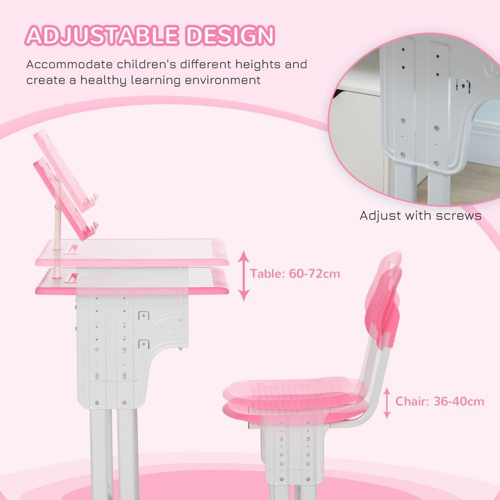 Kids Desk and Chair Set w/ Drawer, Book Stand, Cup Holder, Pen Slot, Pink - anydaydirect