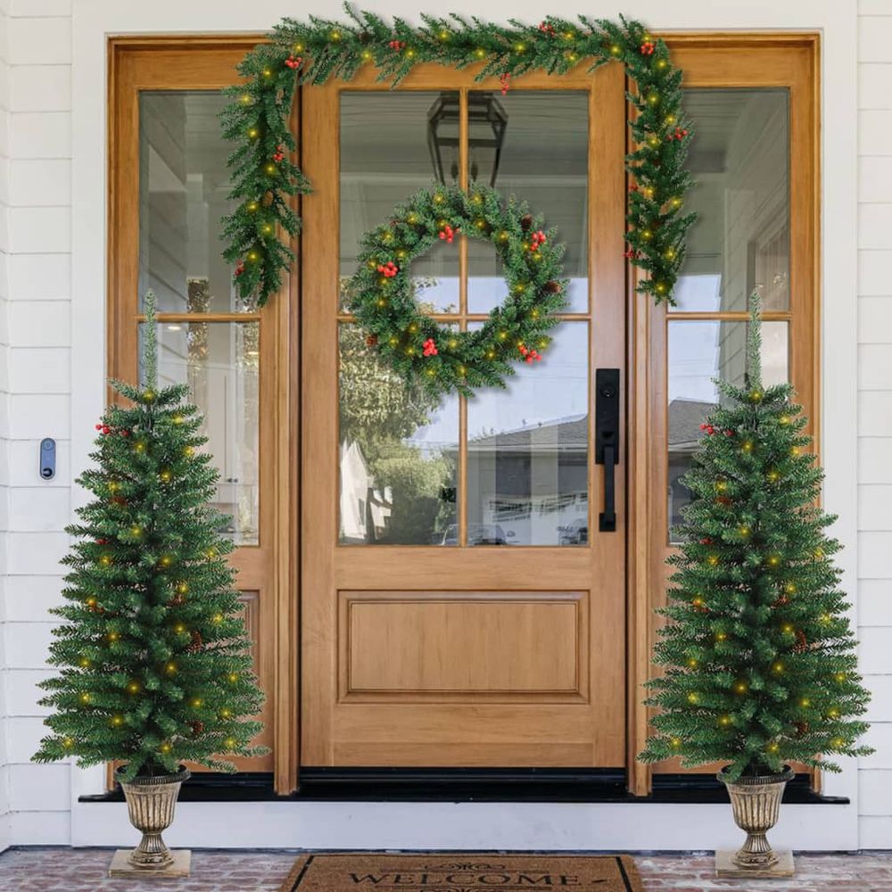 Artificial Christmas Trees 2 pcs with Wreath, Garland and LEDs - anydaydirect