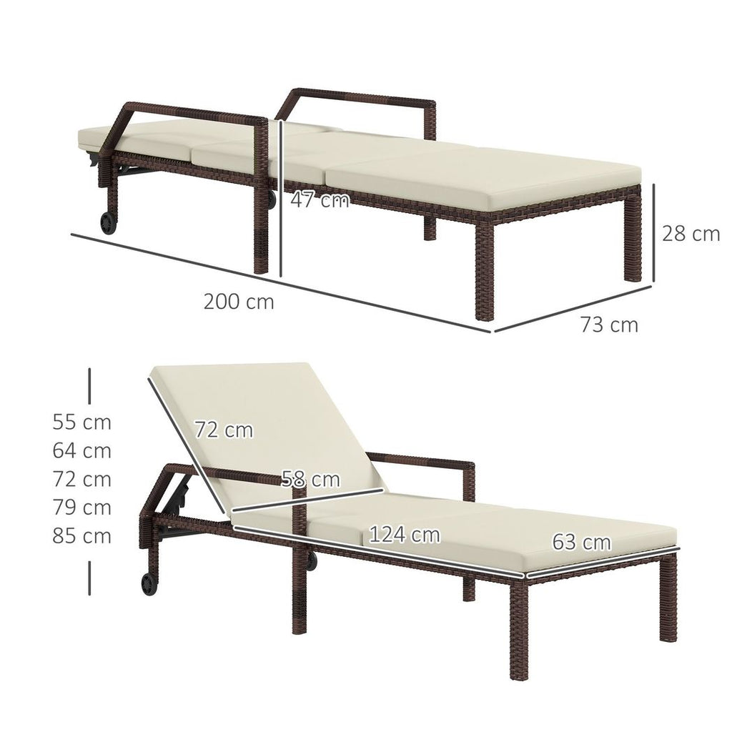 Outsunny Rattan Wicker Chaise Sun Lounger Garden w/ Adjustable Backrest & Wheels - anydaydirect