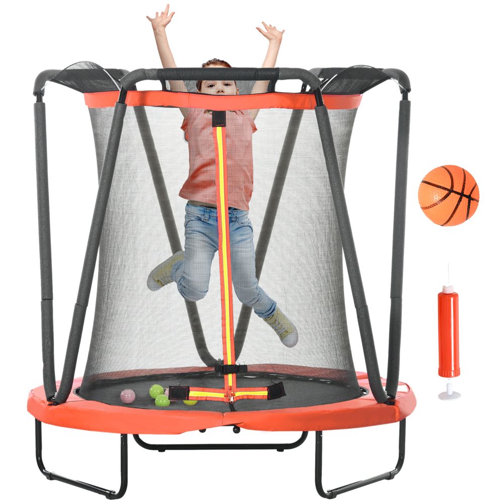 ZONEKIZ 4.6FT Kids Trampoline with Enclosure, Basketball, Sea Balls - Red - anydaydirect