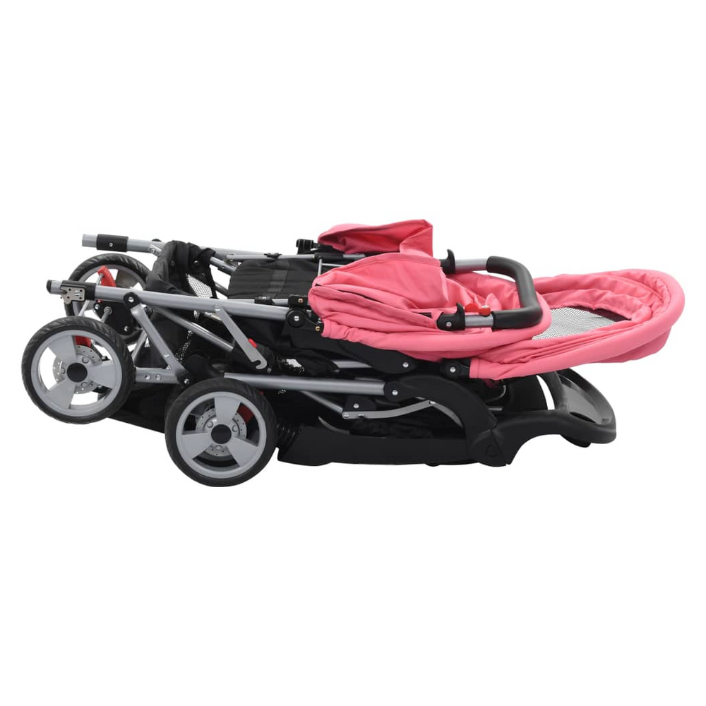 vidaXL Tandem Stroller Pink and Black Steel - anydaydirect