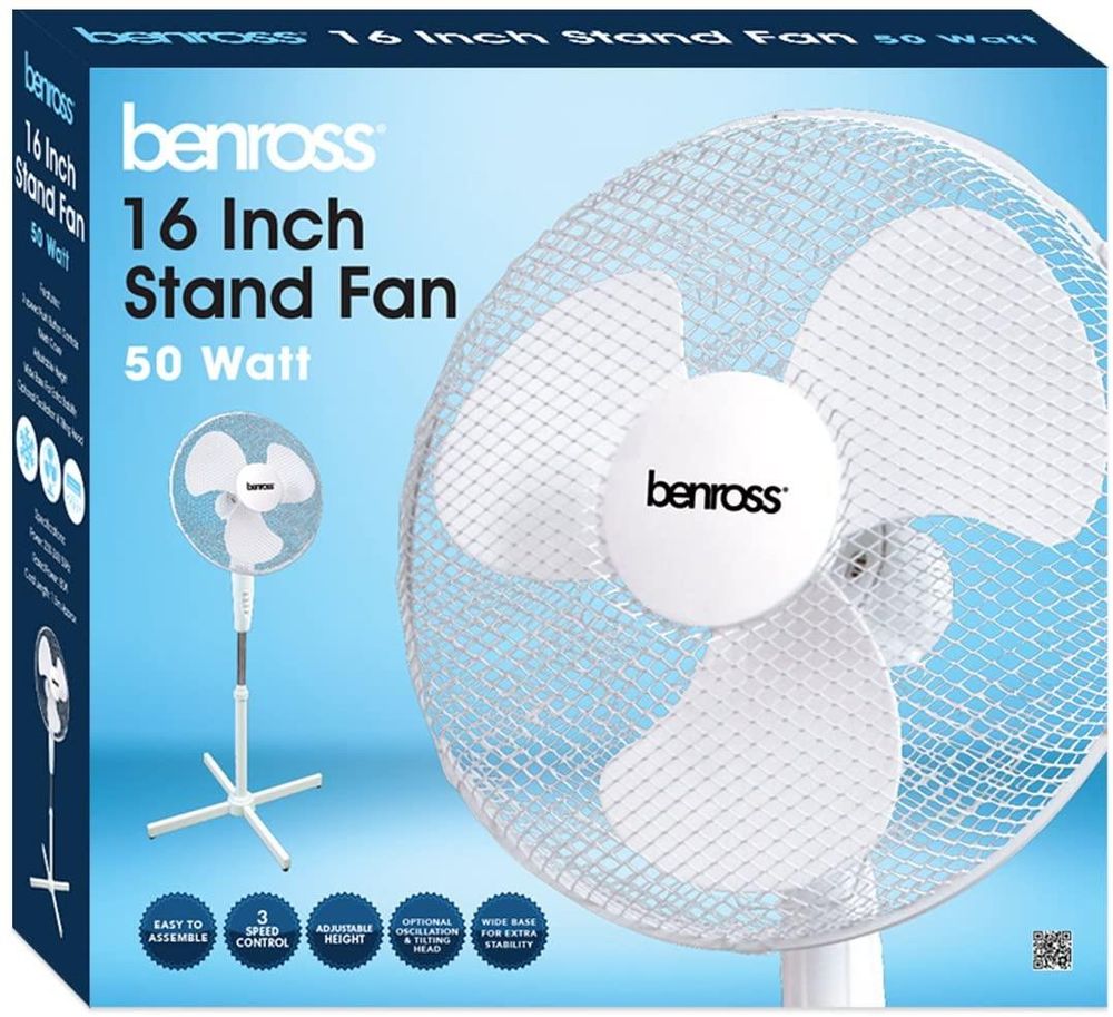 Benross 16 inch 3-Speed Stand Fan Oscillating and Tilting Head White - anydaydirect