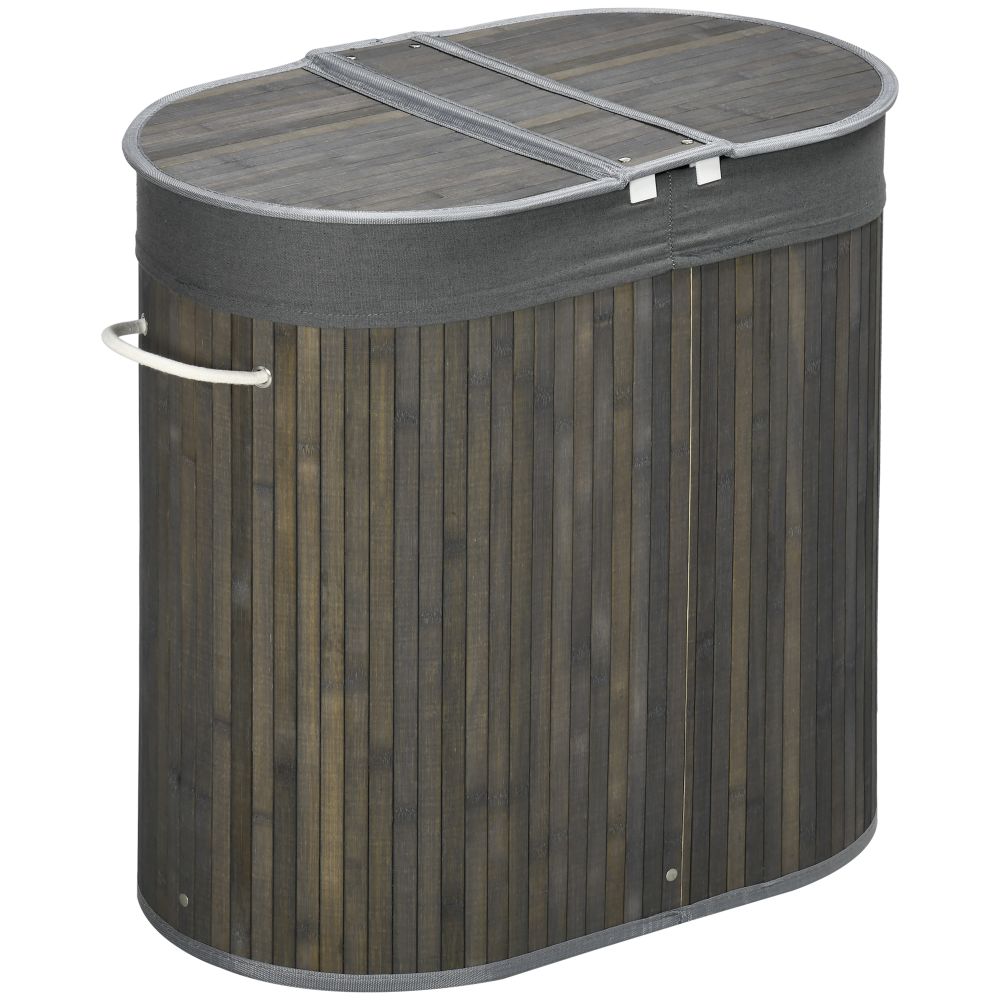 100L Bamboo Laundry Basket w/ 2 Compartments Washing Baskets Grey HOMCOM - anydaydirect