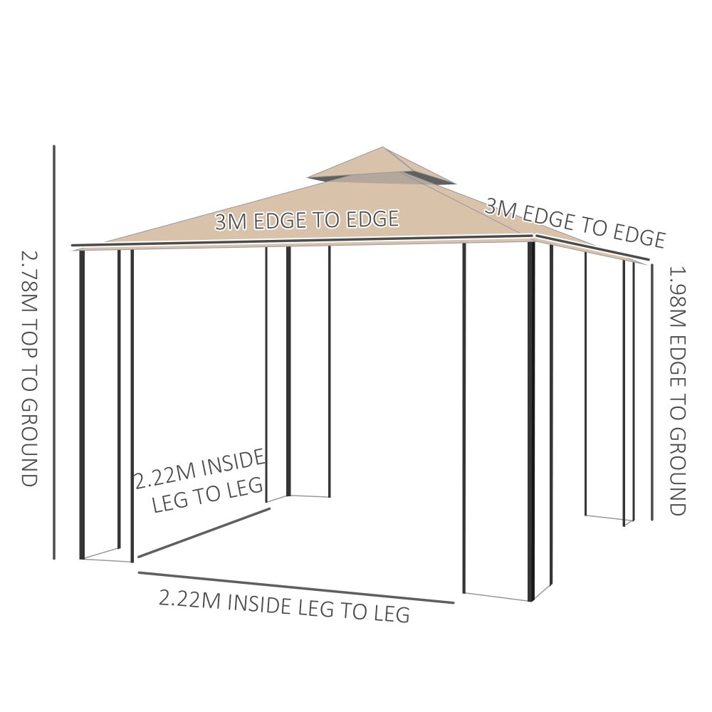 Outsunny 3x3m Outdoor Gazebo Tent W/Netting, 2-tier Roof - anydaydirect