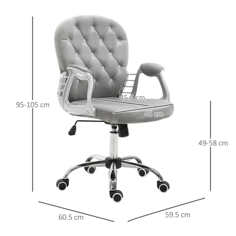 Office Chair Luxury Velour Diamond Tufted Padded Ergonomic 360 Swivel Grey - anydaydirect