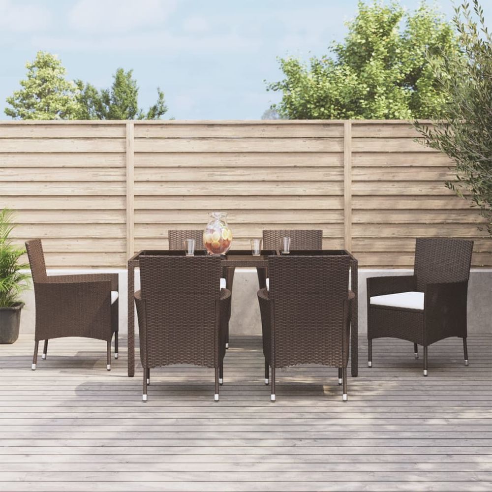vidaXL 7 Piece Garden Dining Set with Cushions Brown Poly Rattan - anydaydirect