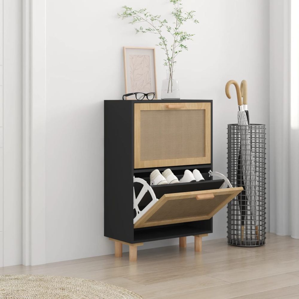 Shoe Cabinet Black 52x25x80 cm Engineered Wood&Natural Rattan - anydaydirect