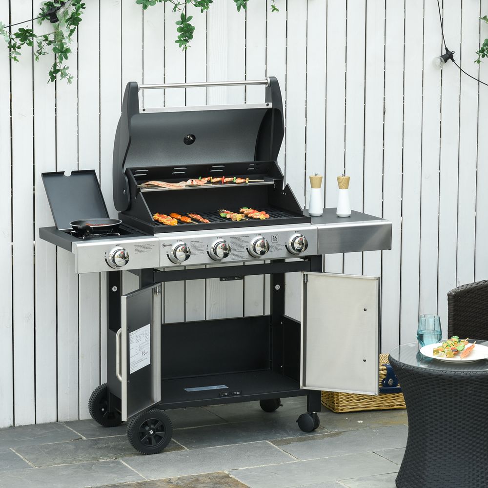 Gas Barbecue Grill 4+1 Burner BBQ Trolley Rack 128x50x113cm Stainless Steel - anydaydirect