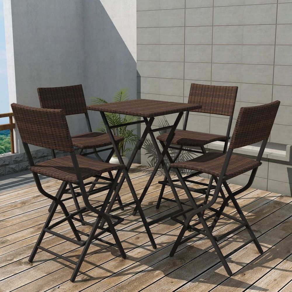 vidaXL 5 Piece Folding Outdoor Dining Set Steel Poly Rattan Brown - anydaydirect