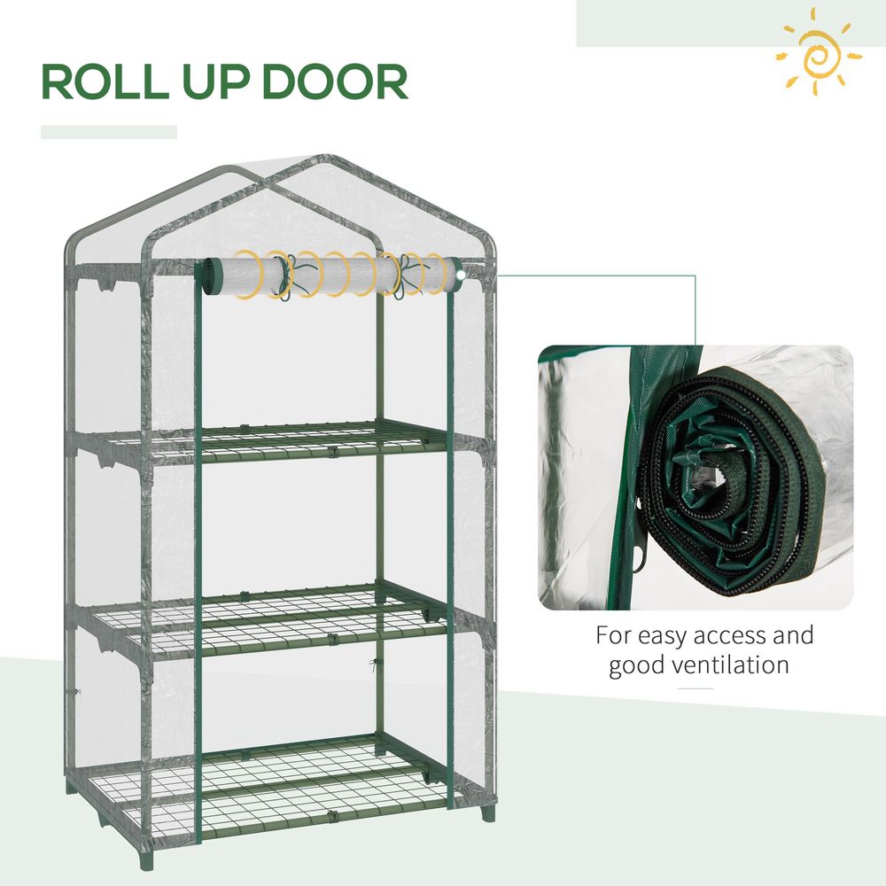 3 Tier Mini Greenhouse Roll Up Door Wire Shelves, 69x49x125cm, Clear - anydaydirect