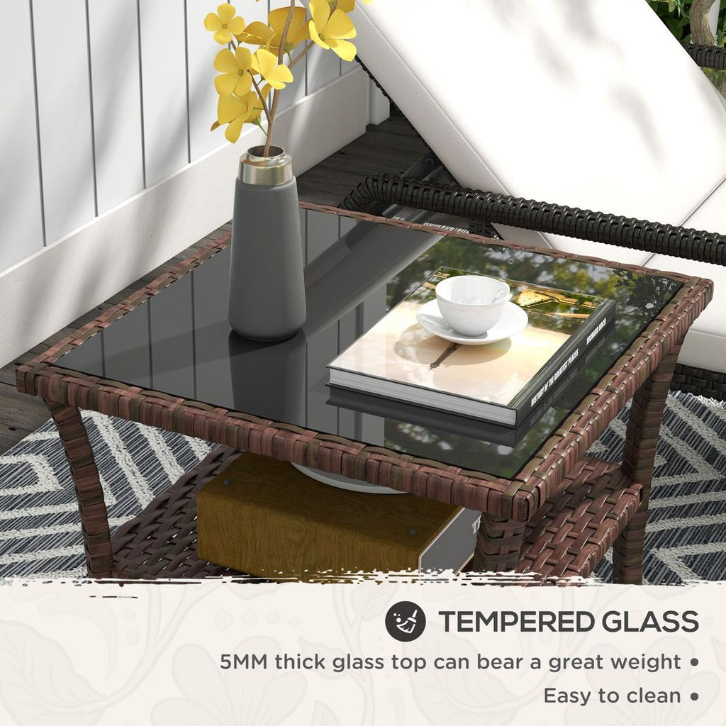 Outsunny PE Rattan Coffee Table, Two-tier Side Table with Glass Top, Brown - anydaydirect