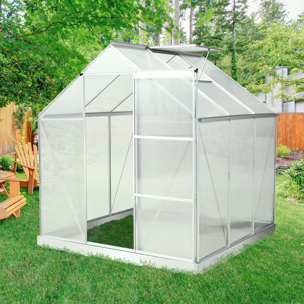 4x6FT Walk-In Greenhouse Polycarbonate Panels Aluminium Frame Sliding Door - anydaydirect