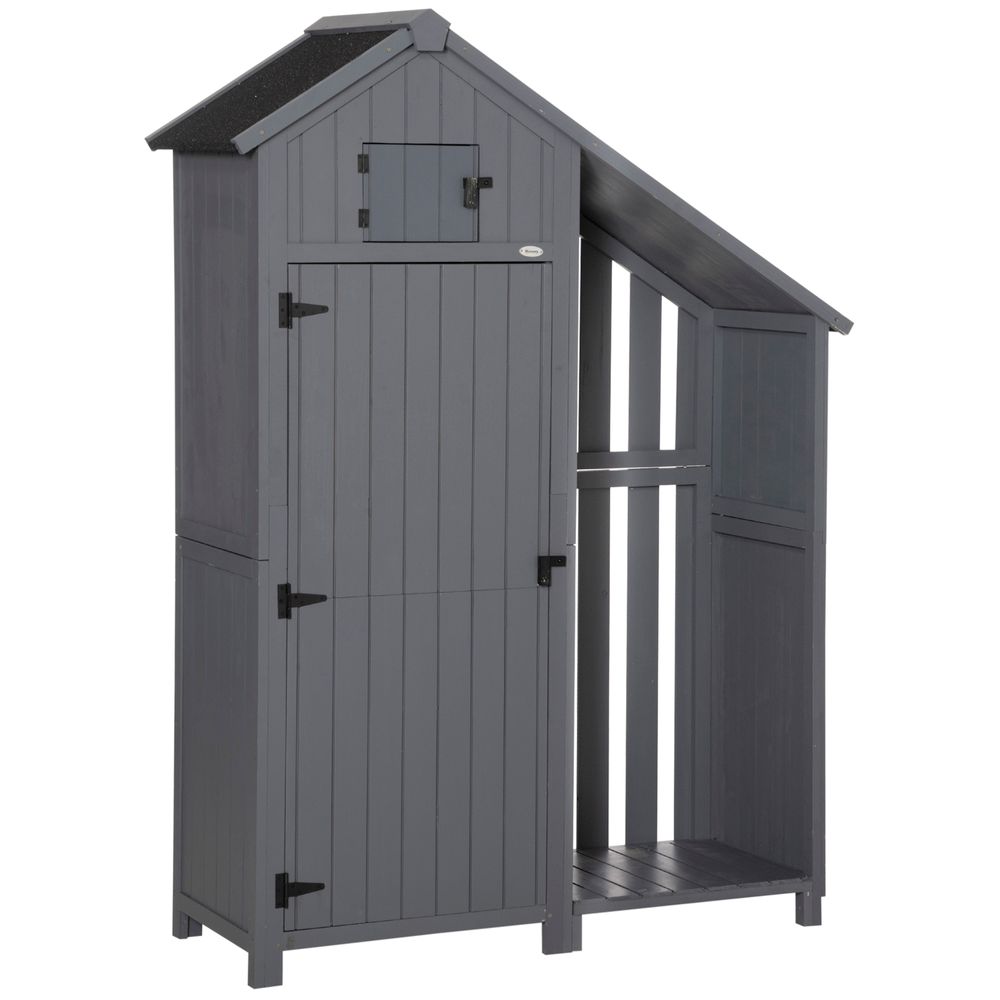 Garden Outdoor Wooden Tool Storage Shed With 3 Shelves, Firewood Rack, Grey - anydaydirect