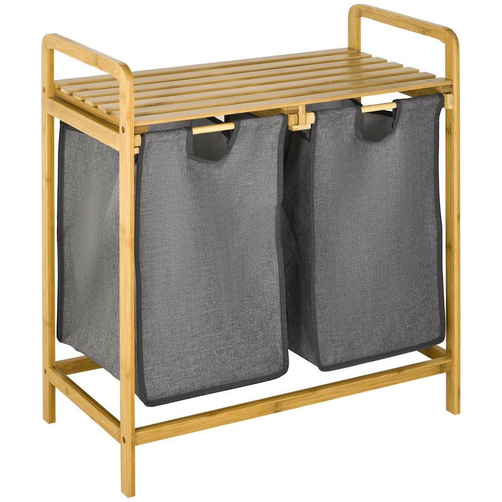 Bamboo Laundry Basket with Shelf Pull-out Bags for Bedroom Laundry Room - anydaydirect