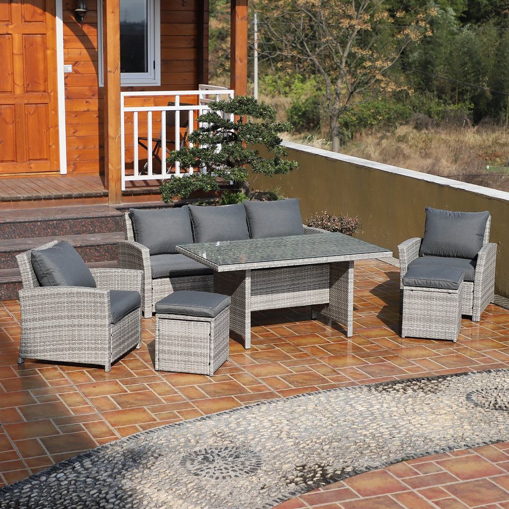6Pcs Rattan Dining Set Sofa Table Footstool Outdoor w/ Cushion Garden Furniture - anydaydirect