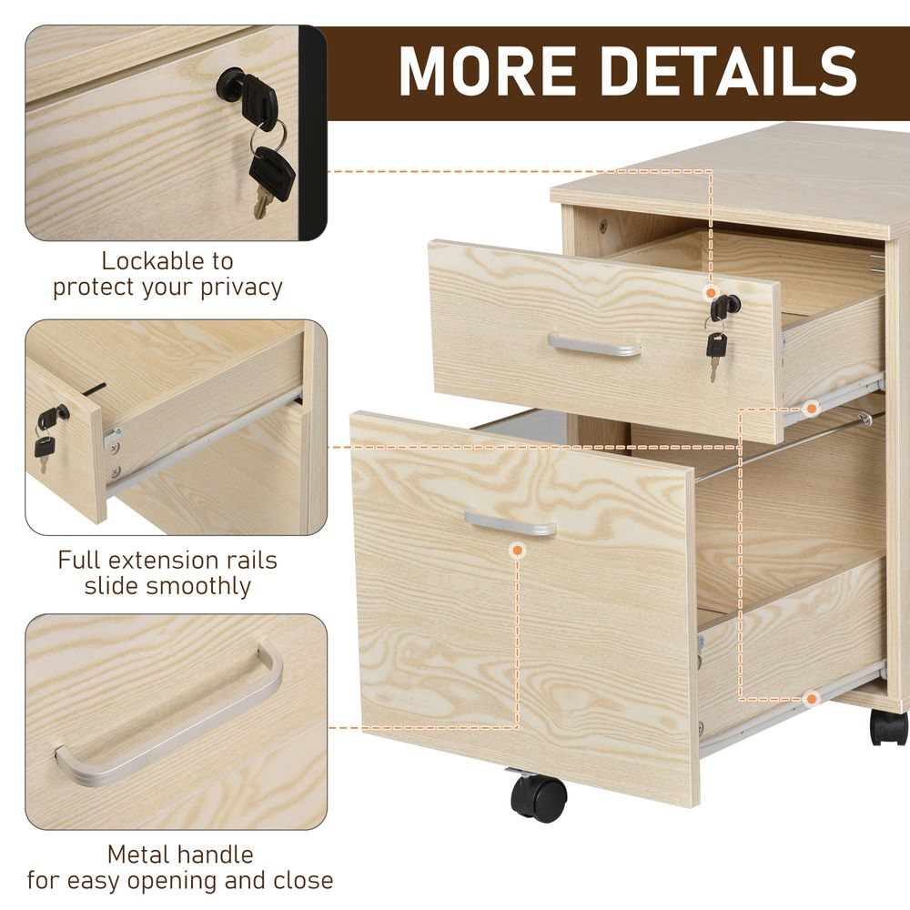 2-Drawer Locking Office Filing Cabinet 5 Wheels Rolling Storage Oak Vinsetto - anydaydirect