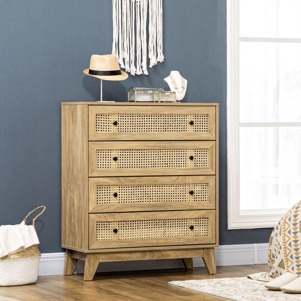 Rattan Chest of Drawers 4-Drawer Dresser Storage Cabinet Bedroom, Wood Effect - anydaydirect