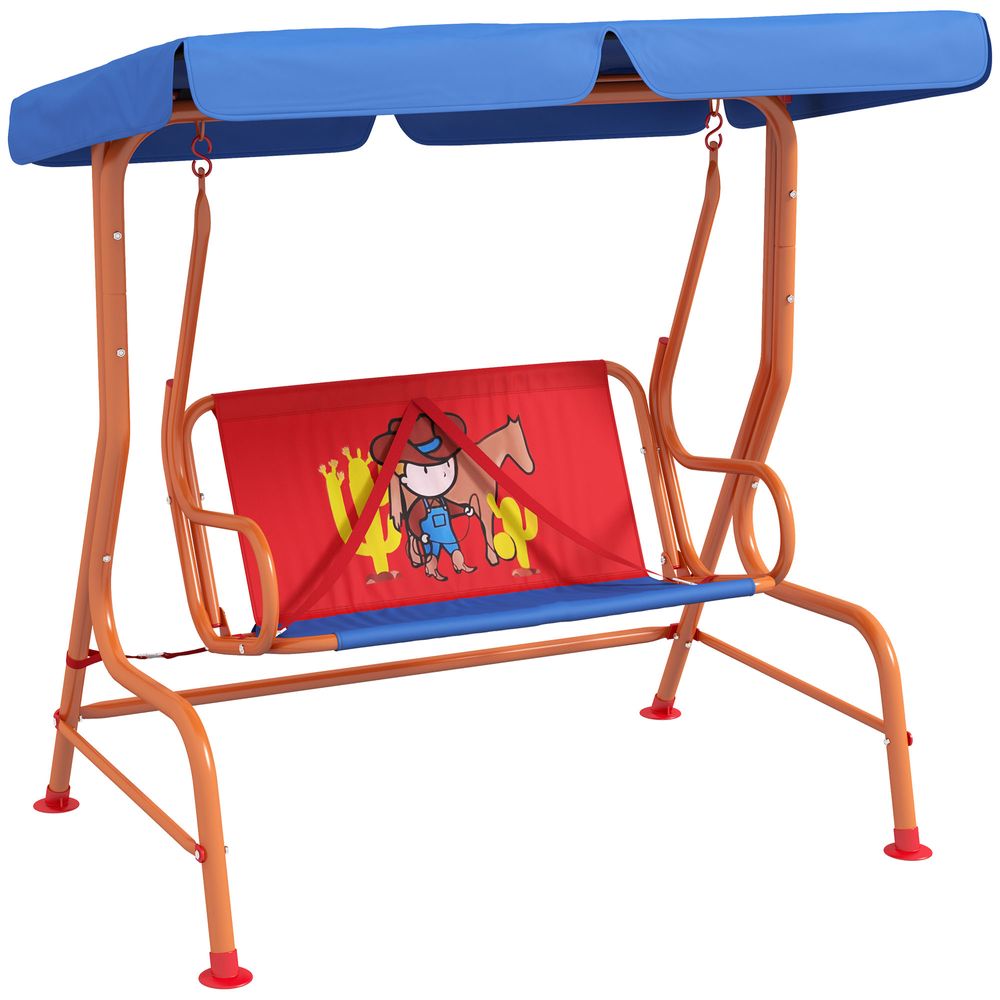 Outsunny 2 Seater Kids Swing Chair, Cowboy Themed with Adjustable Canopy - anydaydirect