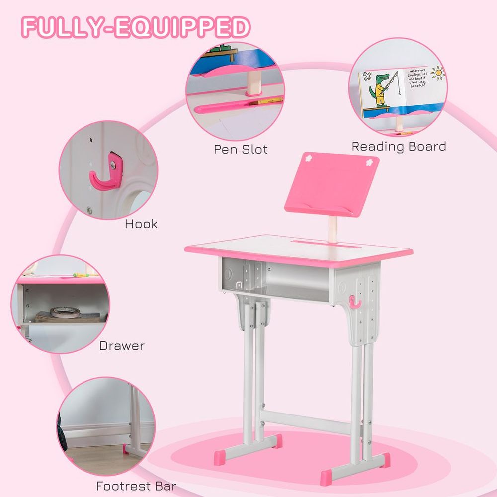 Kids Desk and Chair Set w/ Drawer, Book Stand, Cup Holder, Pen Slot, Pink - anydaydirect