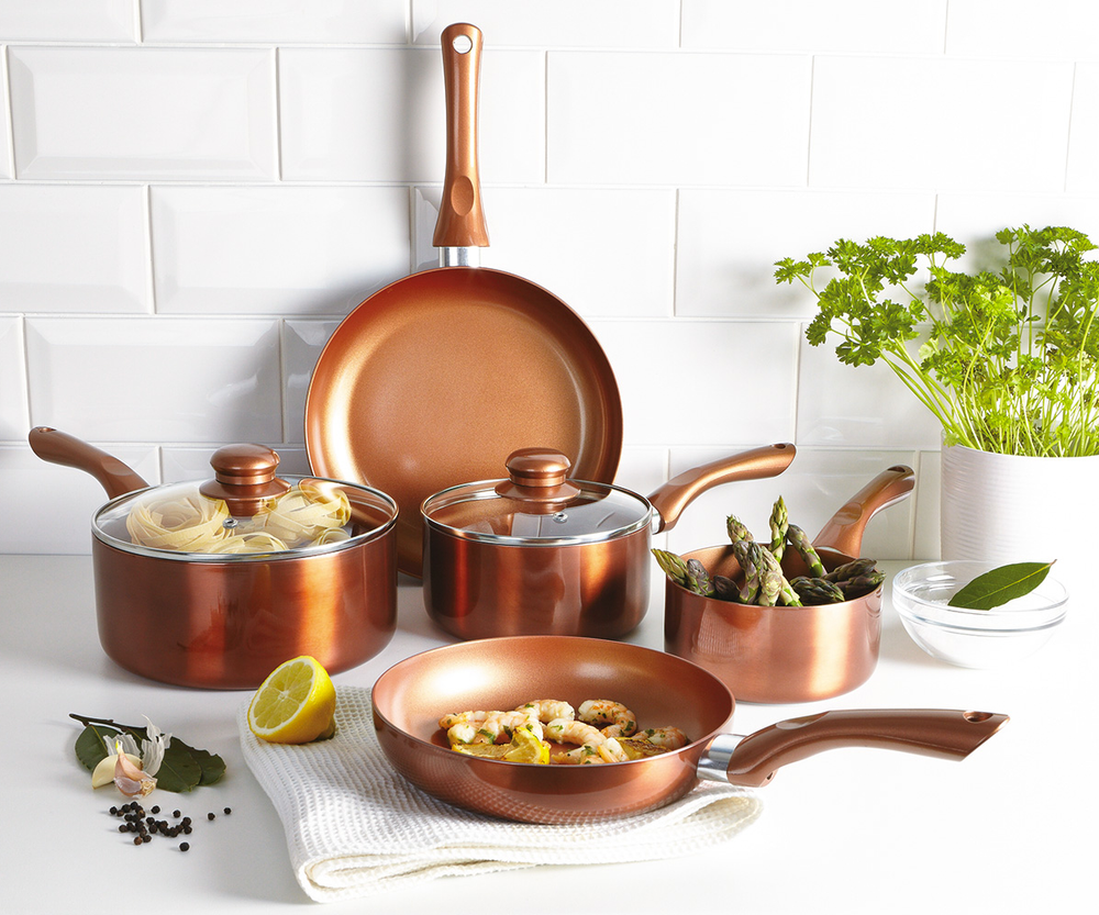 Cermalon® 5Pcs Copper Non-Stick Ceramic Coating Saucepans & Frying Pans Cookware Set - anydaydirect