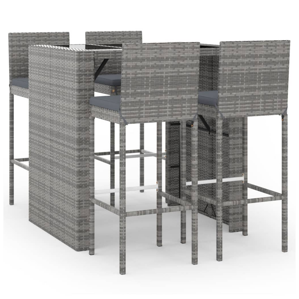 vidaXL 5 Piece Garden Bar Set with Cushions Grey Poly Rattan - anydaydirect