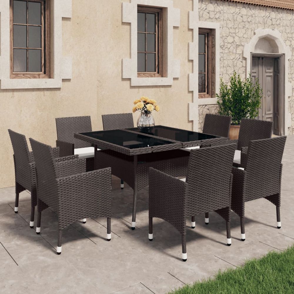 9 Piece Garden Dining Set Poly Rattan and Tempered Glass Brown - anydaydirect