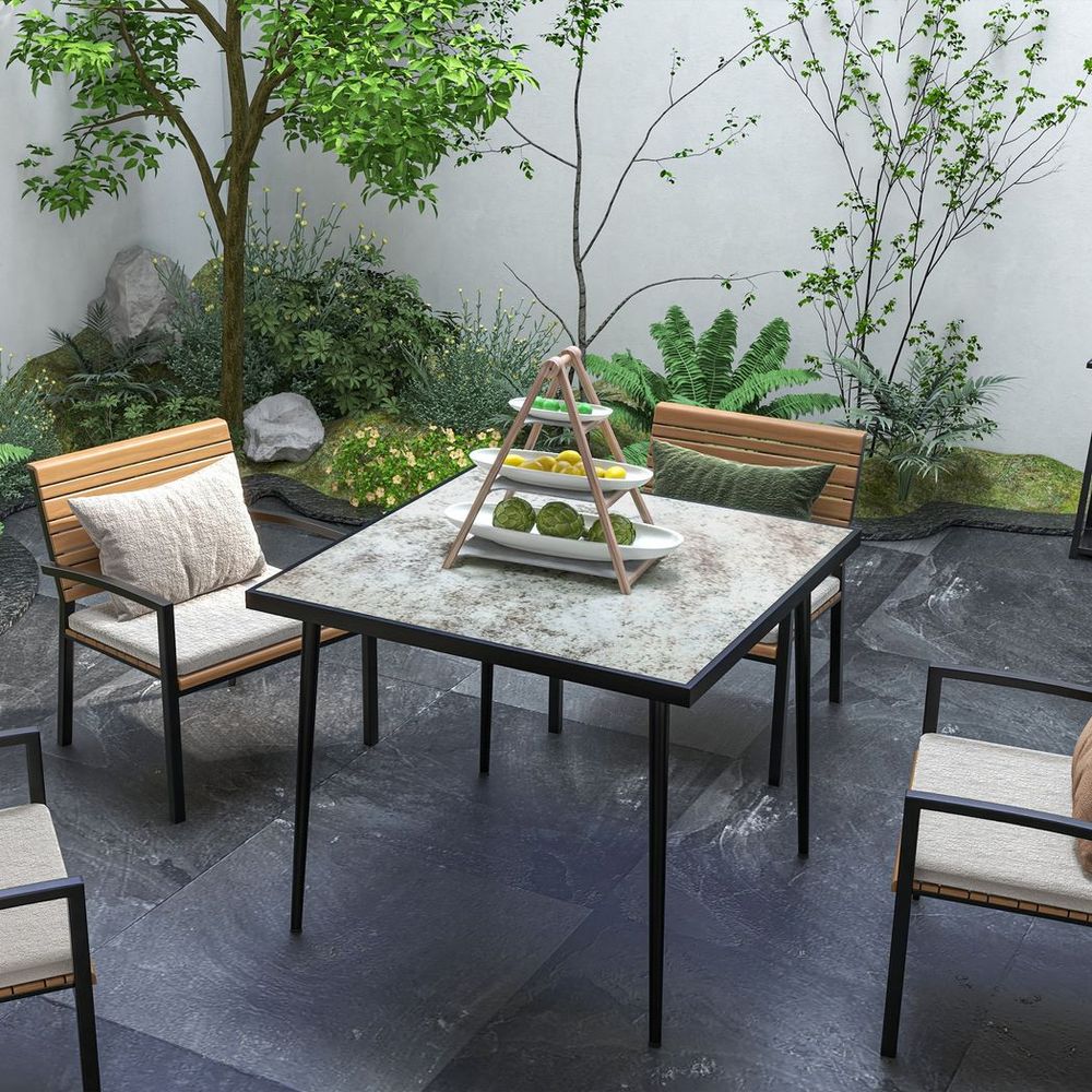 Outsunny Outdoor Dining Table for 4 with Marble Effect Tempered Glass Top Grey - anydaydirect