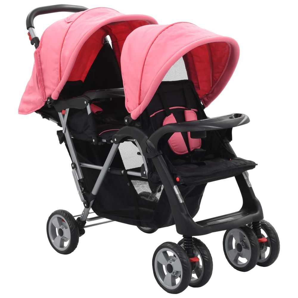 vidaXL Tandem Stroller Pink and Black Steel - anydaydirect