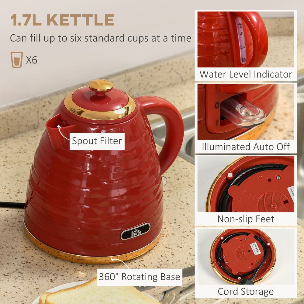 HOMCOM Kettle and Toaster Set 1.7L Rapid Boil Kettle & 4 Slice Toaster Red - anydaydirect