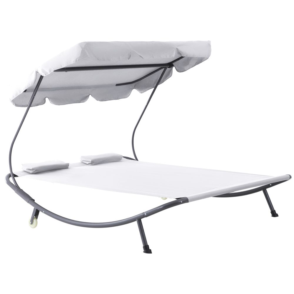 Double Hammock Sun Lounger Bed Canopy Shelter Wheels 2 Pillows Cream White - anydaydirect