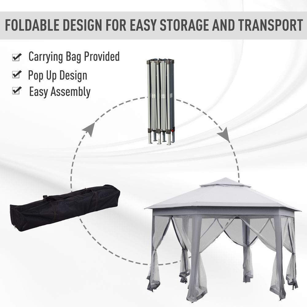 Hexagon Pop Up Gazebo Double Roof Netting, 4m x 4m, Grey w/ Mesh, 4x4m - anydaydirect