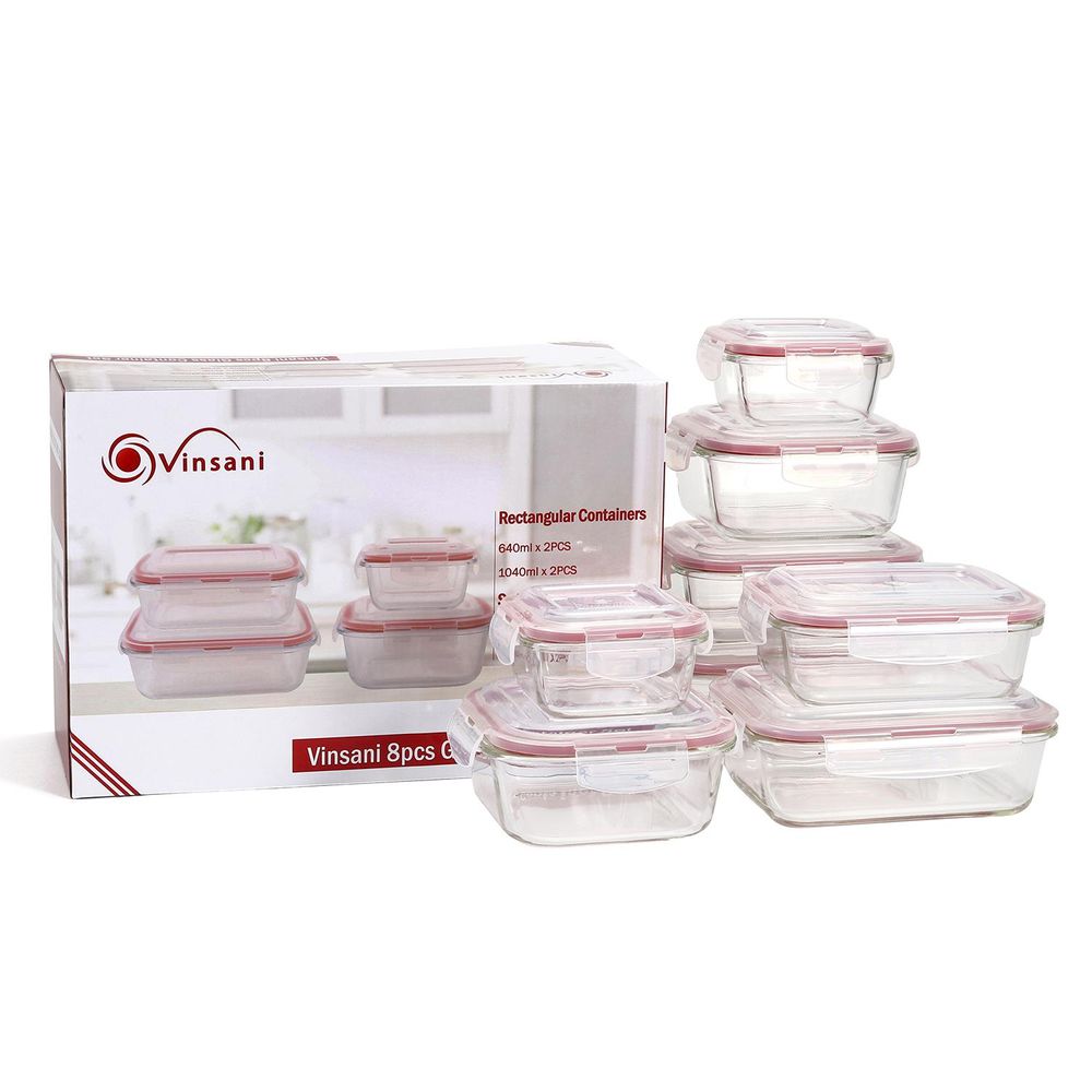 8 PCs Rectangle Square  Airtight Glass Food Containers with Lids Storage Kitchen Containers - anydaydirect
