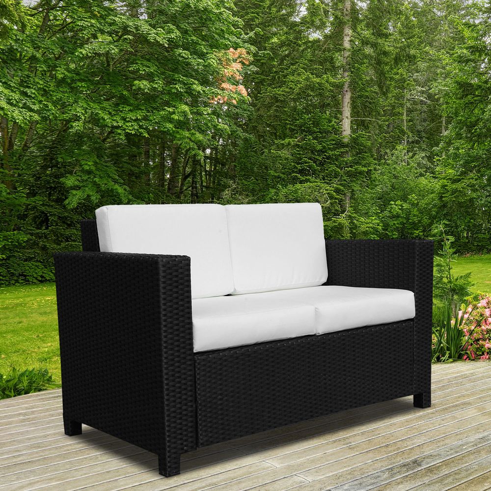 Outsunny 2 Seater Rattan Garden Sofa Black Double Couch Loveseat Wicker - anydaydirect