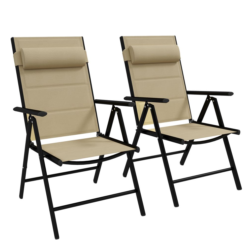 Outsunny 2 PCS Outdoor Folding Chairs, Dining Chairs with Padded Filling, Khaki - anydaydirect