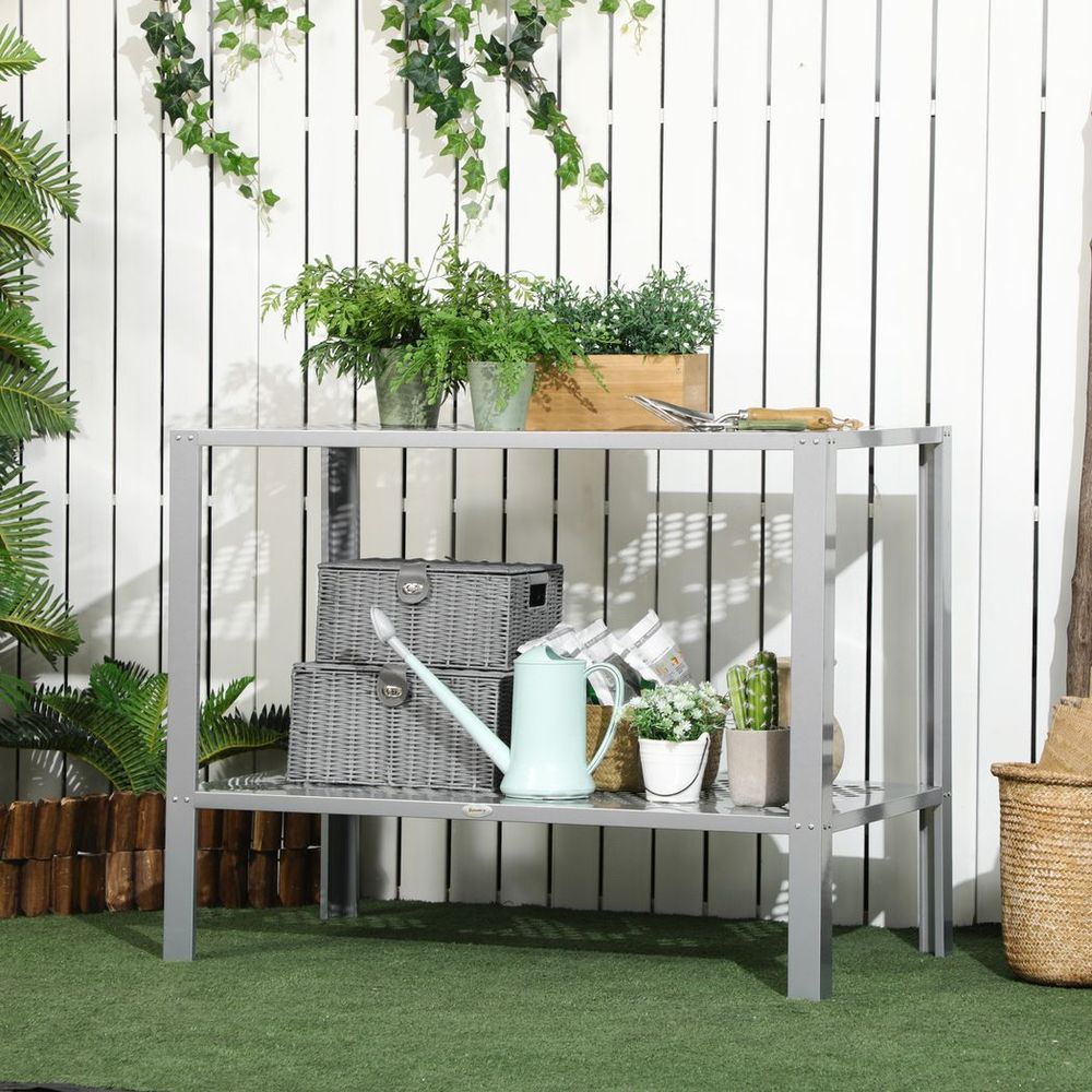 Outsunny 2-Tier Plant Stand Storage Organizer Steel Display Shelf for Patio - anydaydirect