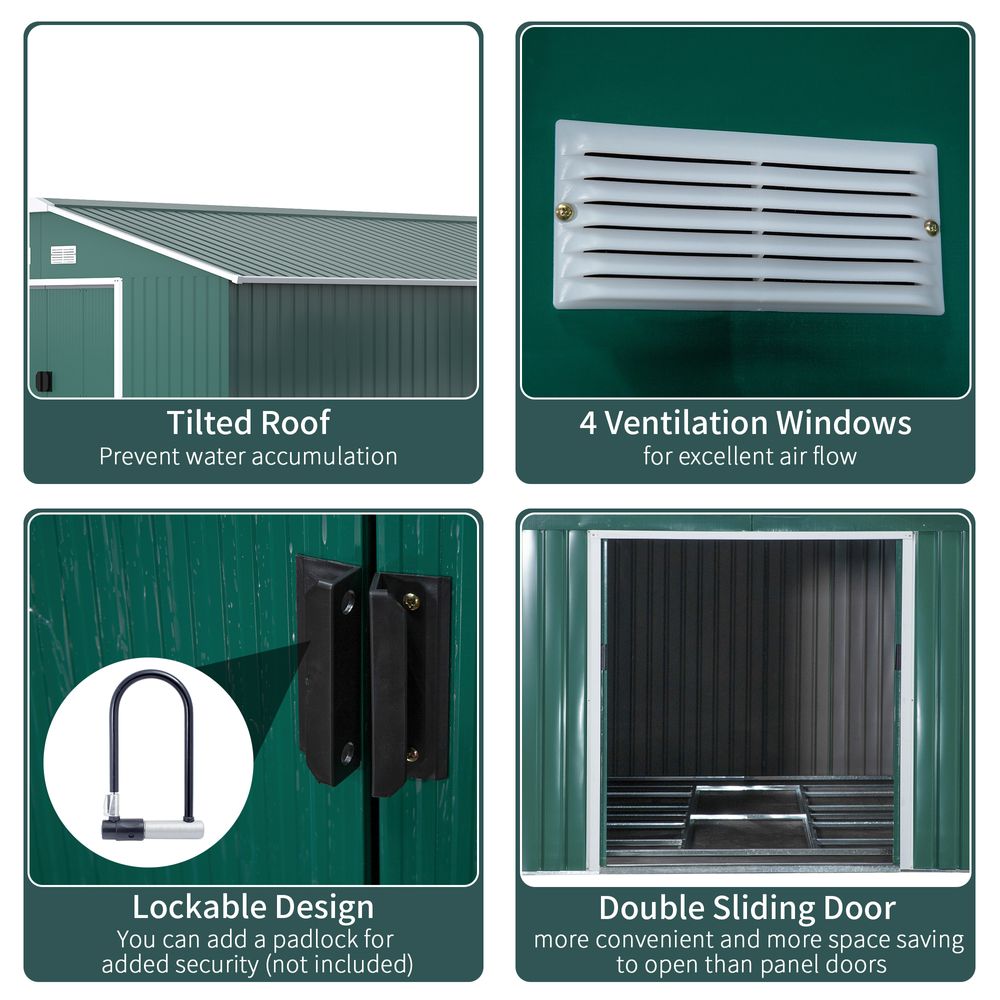 13ft x 11ft Outdoor Roofed Metal Storage Shed Foundation Vent & Doors Green - anydaydirect
