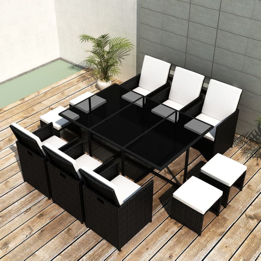 11 Piece Outdoor Dining Set with Cushions Poly Rattan Black - anydaydirect