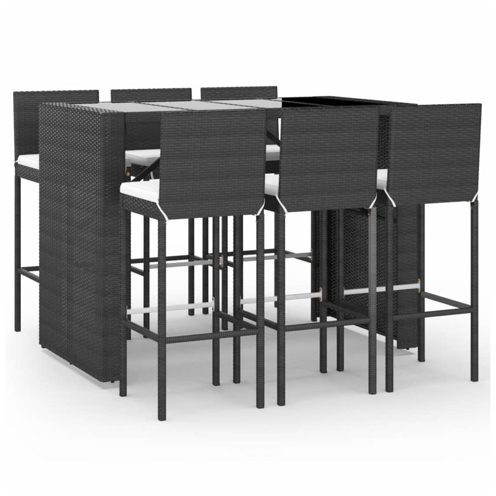 vidaXL 7 Piece Garden Bar Set with Cushions Black Poly Rattan - anydaydirect