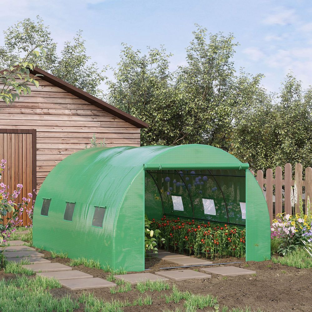 4x3x2m Tunnel Greenhouse Walk-In Hot House Roll Up Door & 6 Windows-Green - anydaydirect