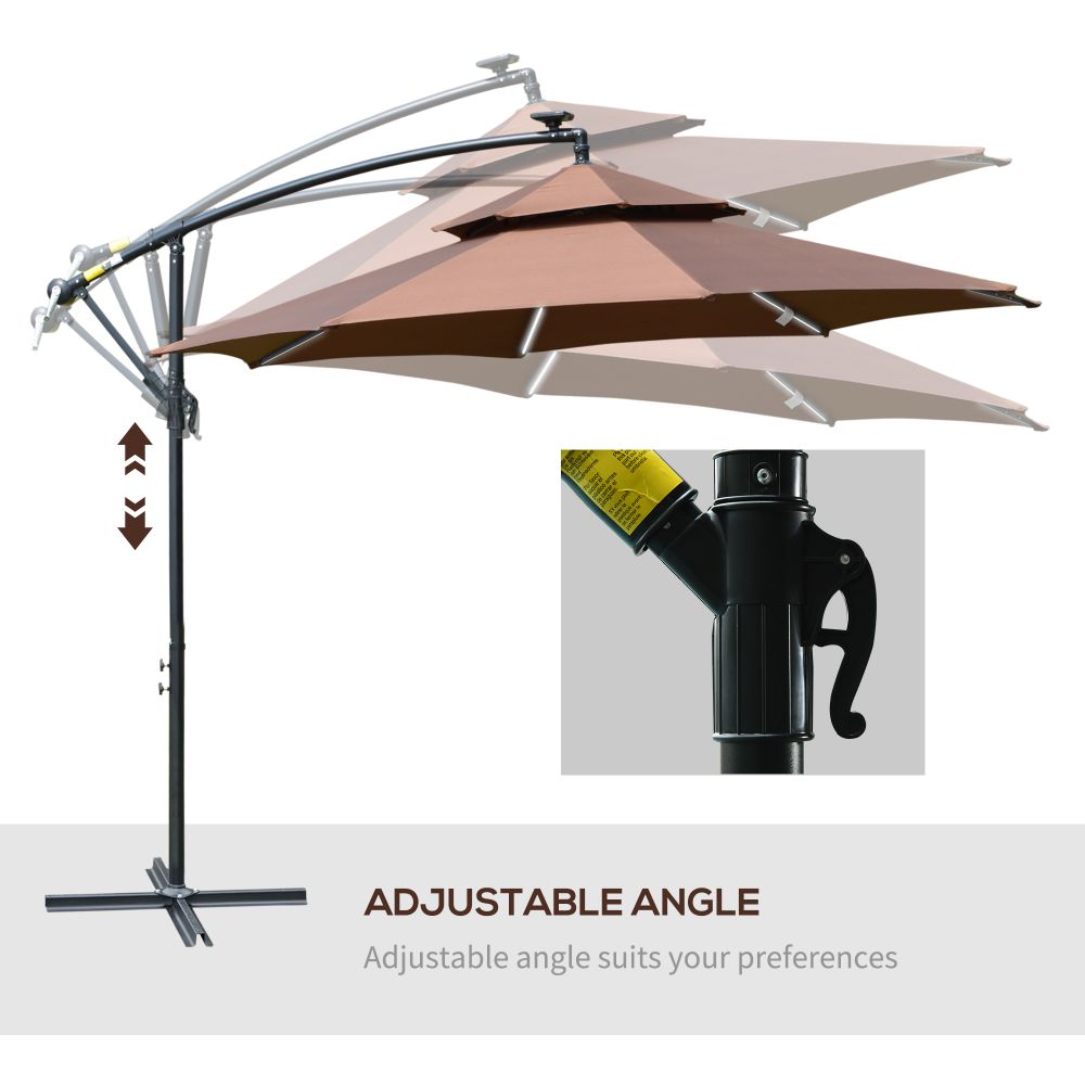 3m Cantilever Banana Parasol Double Roof, LED Solar lights, Crank, - anydaydirect