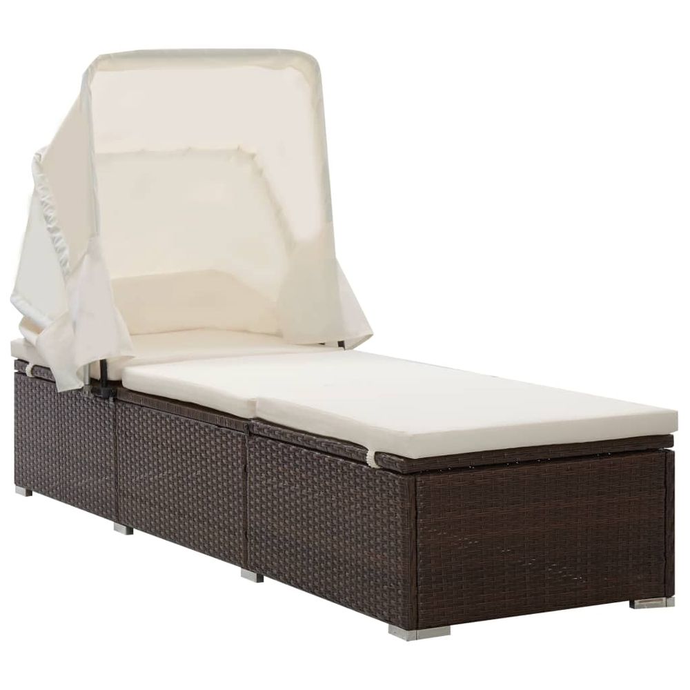 Sun Lounger with Canopy and Cushion Poly Rattan Brown - anydaydirect