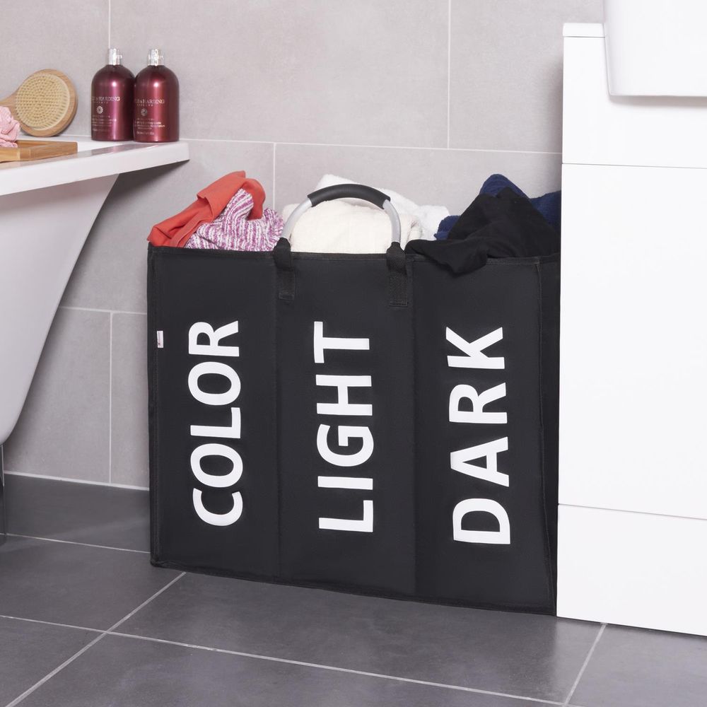 Triple Collapsible Washing Laundry Basket Bag (3 Colors) for Bedroom, Fabric (Black) - anydaydirect