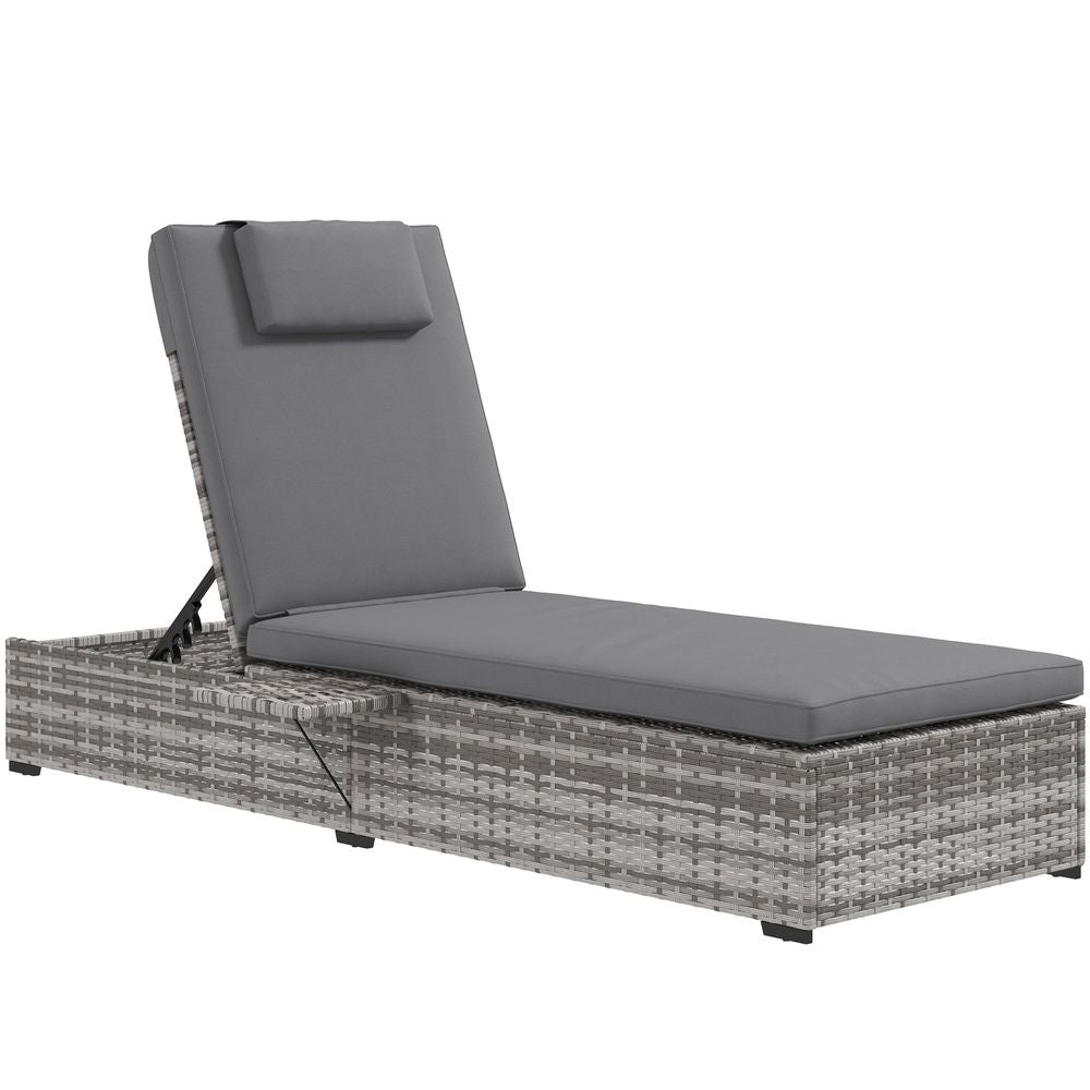 Outsunny Rattan Lounger with Cushion, 5-Level Reclining Rattan Sun Lounger, Grey - anydaydirect