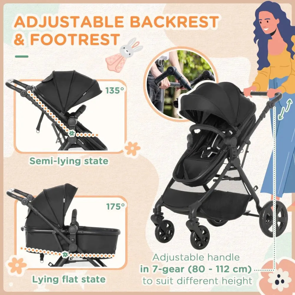 Foldable Baby Pushchair w/ Fully Reclining Backrest From Birth to 3 Years- Black - anydaydirect